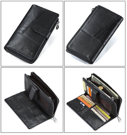 CONTACTS Genuine Leather Men Wallet Long Vintage Bifold Men's Wallet Zipper Coin Purses Large Capacity Money Clips Card Holder