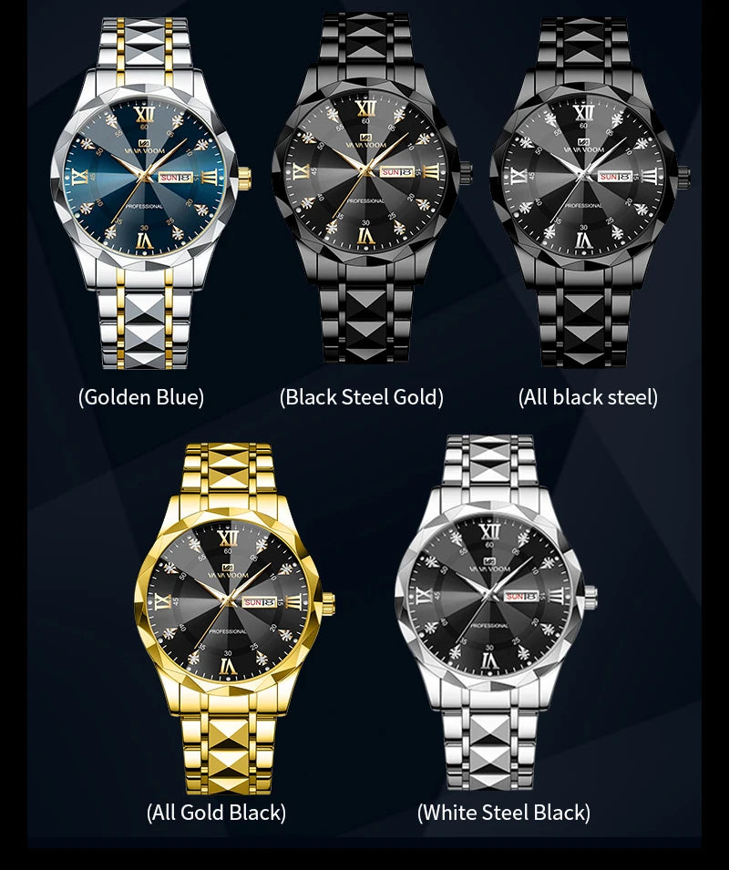 VA VA VOOM Hot Selling Original Blue Gold Creative Design Classic Hot selling Quartz Watch Men Fashion High Quality Rhombus Design Fashion Business Japanese Movement Gold Stainless Steel Fashion Clock Sports Watch for Men Gif