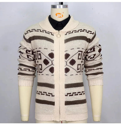 Men's Geometric Knit Cardigan Shawl Collar Full Zip-Up Tribal Print Sweater Chunky Ribbed Knit Vintage Navajo-Inspired Jacket
