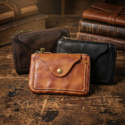 New Slim Short Men's Wallet Vintage Genuine Leather Card Holder Zipper Male Coin Purses High Quality Snap Men Money Clips