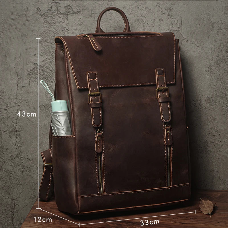 NUKA Men's Genuine Leather Backpack Vintage Outdoors Travel Bag Luxury Crazy Horse Cowhide Schoolbag Mountaineering Backpack