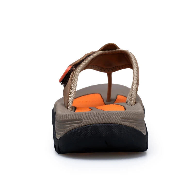 Men Sport Thong Slippers Genuine Leather Upper Adjustable Hook Loop Shock Absorb Anti Slip MD Sole Daily Beach Casual Flip Flops