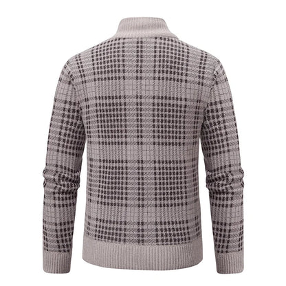 Mens Sweaters Jacket Full Zip Fleeced Sweater Cardigan Plaid Stand Collar Sweaters Coat Autumn Winter Homme Clothes