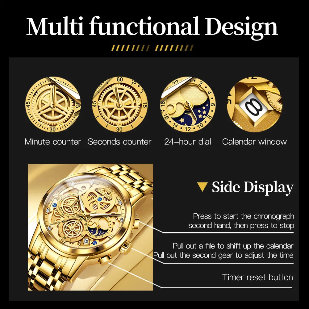 OLEVS 9947 Men's Watches Top Brand Luxury Original Waterproof Quartz Watch for Man Gold Skeleton Style 24 Hour Day Night New