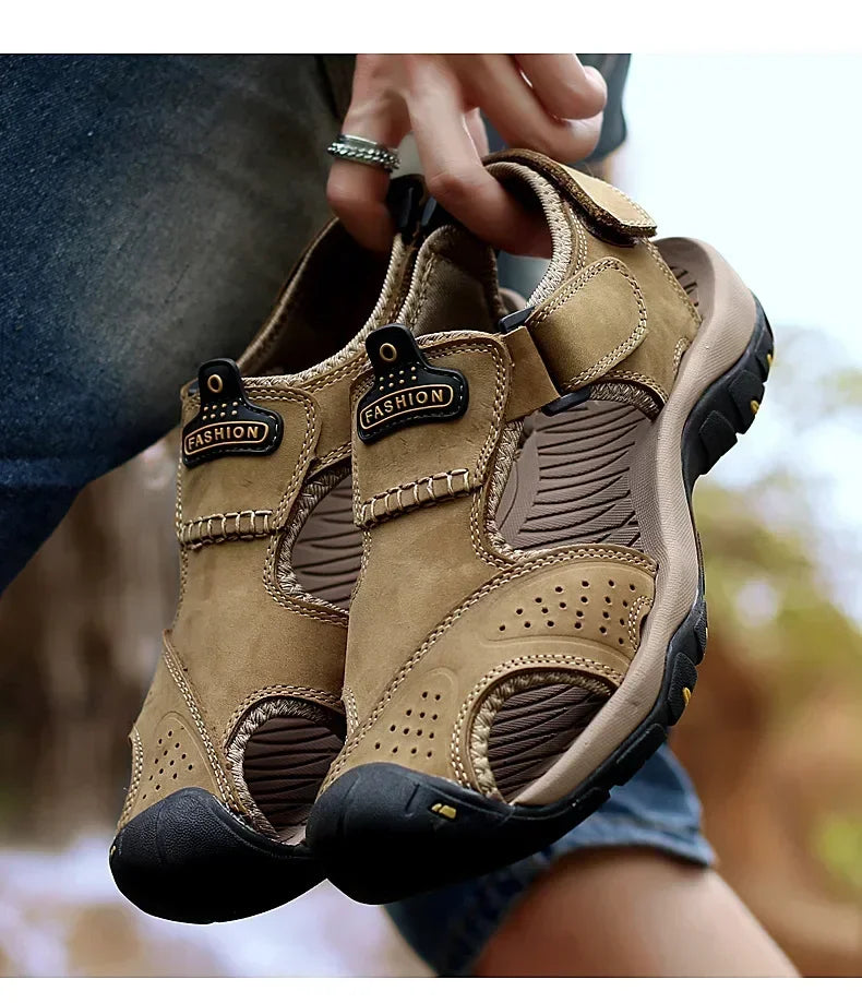 2026 New Men's Sandals Handmade Thick Bottom Rubber Breathable Casual Slip-On Beach Shoes Leather Upgraded Version