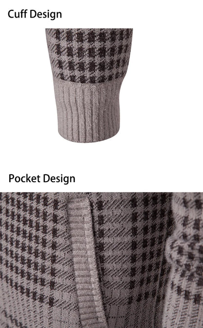 Mens Sweaters Jacket Full Zip Fleeced Sweater Cardigan Plaid Stand Collar Sweaters Coat Autumn Winter Homme Clothes