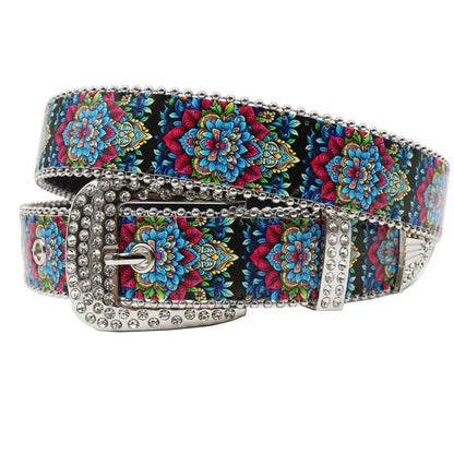Rhinestone belt B&B style blue print pattern Women's Jeans Rhinestone Belt Men's Belt Western Denim Leather HipHop Rock