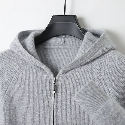 Men 100% Merino Wool Sweater Hooded Zipper Cardigan Autumn Winter Thickened Knit Large-size Jacket Long Sleeved Sportswear Coat