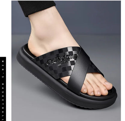 Summer New Fashion Outside Wear Slippers for Men Business Casual Black Leisure Genuine Leather Beach Shoes Slippers Man