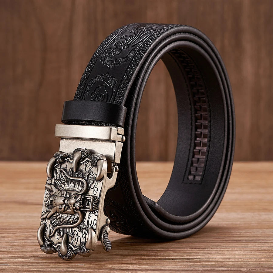 3.5cm Fashion Embossing Retro Male Belts for Men Business Split Leather Belt Dragon Pattern Automatic Buckle Strap