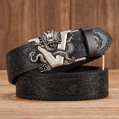 3.5cm Fashion Embossing Retro Male Belts for Men Business Split Leather Belt Dragon Pattern Automatic Buckle Strap