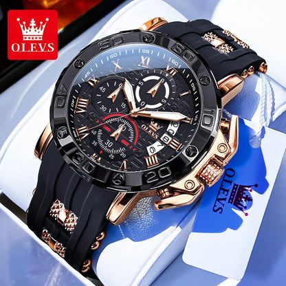 OLEVS 51mm Large Dial Quartz Watch for Men Silicone Strap Waterproof Luminous Auto Date Chrono Roman Numeral Scale Men's Watches