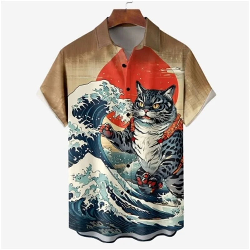 Men's Retro Short Sleeve Beach Shirt Summer Casual Ukiyoe Kitten Fishing Shark Print Hawaiian Shirts Men's Lapel Aloha Shirt