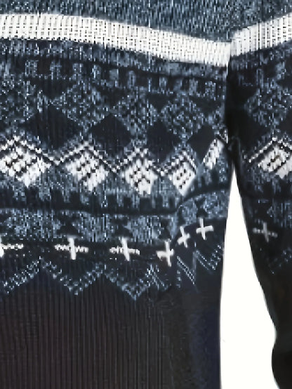 Men's Zip Up Fair Isle Cardigan Sweater Warm Knit Jacquard Stand Collar Casual Winter Pullover with Thermal Lining