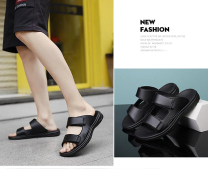 Mens Leather Slippers Comfortable Breathable Summer Big Size Sandals for Men with Soft Sole