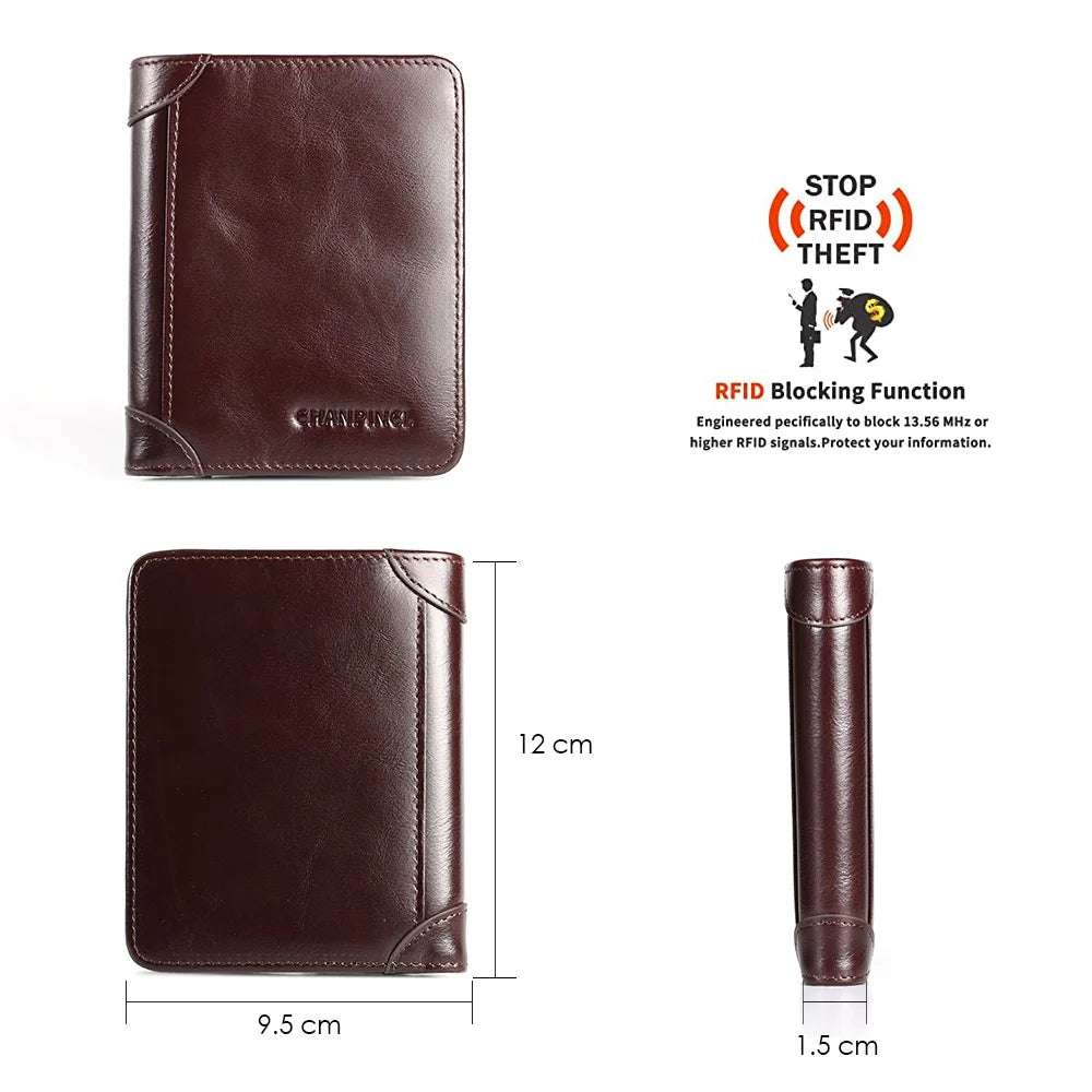CHANPINCL Men's Italian Top-Grain Cow Leather Slim Tri-Fold Vertical Wallet – Multi-Card, RFID Blocking & Gift Box
