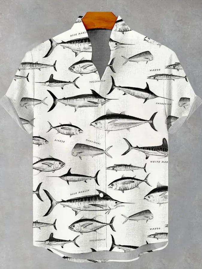Summer Men's Casual Sea Life Graphic Short Sleeved Shirt Button Down Lapel Shirts Oversized Tops Casual Hawaiian Shirt for Men