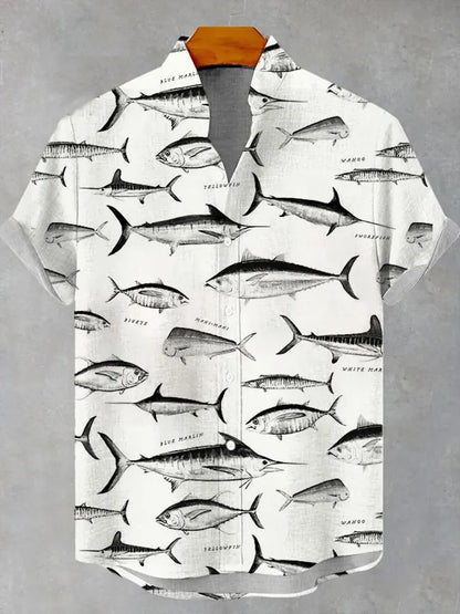 Summer Men's Casual Sea Life Graphic Short Sleeved Shirt Button Down Lapel Shirts Oversized Tops Casual Hawaiian Shirt for Men