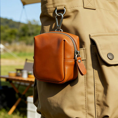 Men's Coin Purse, Genuine Leather Mini Coin Wallet Zipper Pocket with Back Belt Loop Lanyard, Lightweight Keychain Pouch for Men