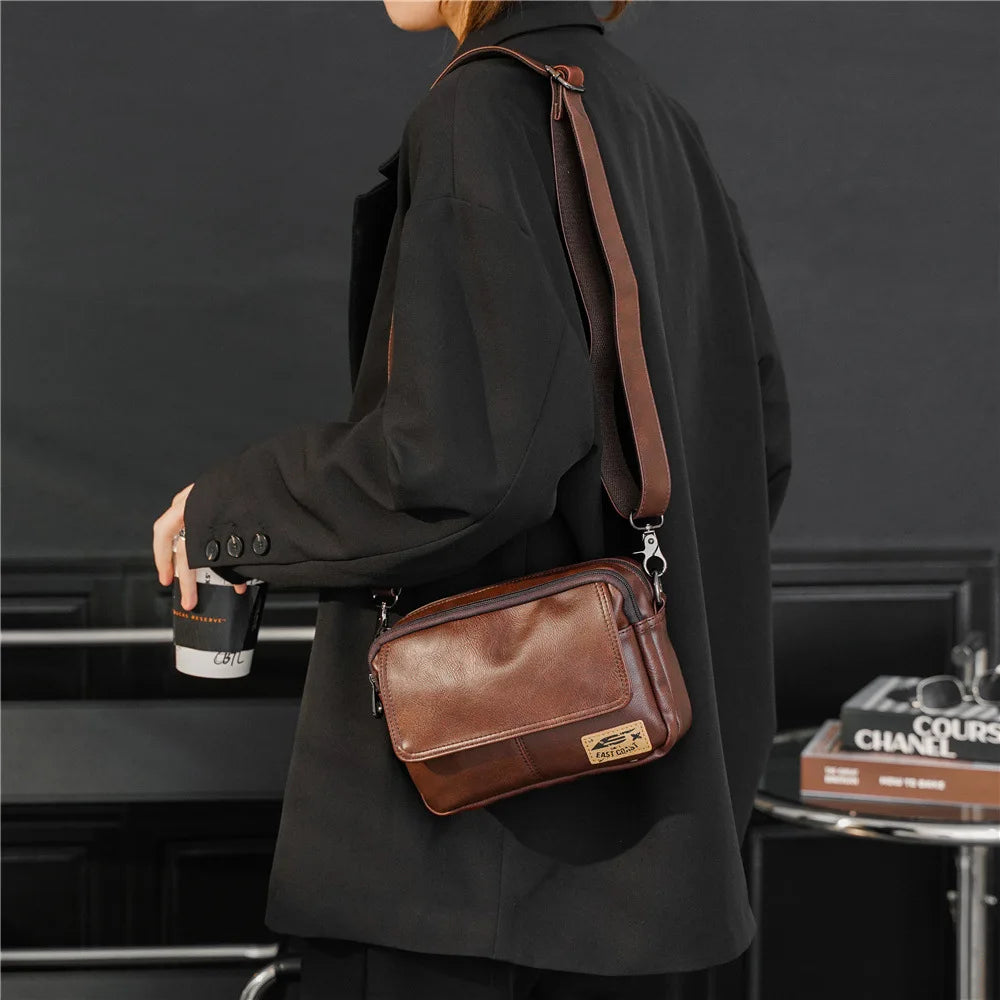 Vinatge Men's Crossbody Bag Soft PU Leather Shoulder Bag For Men Fashion Square Crossbody Messenger Bag Flap Zipper Satchels