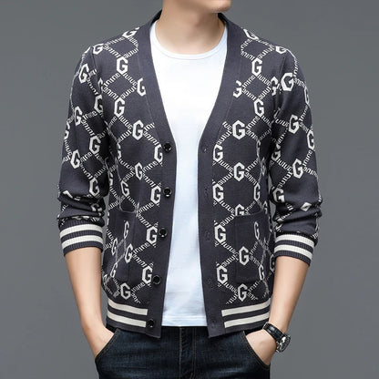 Autumn and Winter New Men's Trendy Brand Fashion Printed Top Long Sleeve Jacket Knitted Sweater for Men