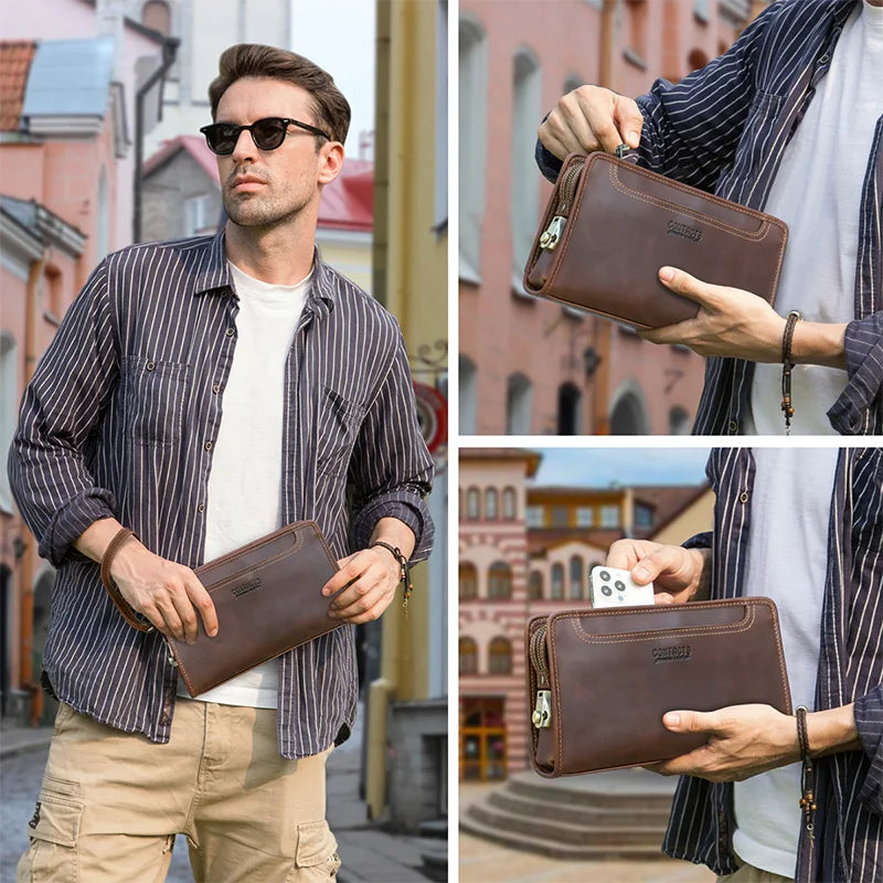 CONTACT'S Genuine Leather Handbag Men Vintage Small Cluth Bag 6 Card Holder iPad Mini Metal Lock Travel Business Pouch Bag