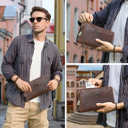 CONTACT'S Genuine Leather Handbag Men Vintage Small Cluth Bag 6 Card Holder iPad Mini Metal Lock Travel Business Pouch Bag