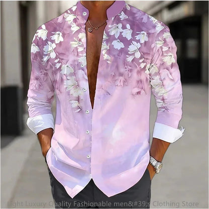 New men's shirt long-sleeved shirt 3D printing flower pattern long-sleeved standing clothing fashion casual XS-6XL soft fabric