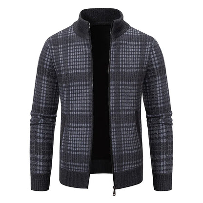 Mens Sweaters Jacket Full Zip Fleeced Sweater Cardigan Plaid Stand Collar Sweaters Coat Autumn Winter Homme Clothes