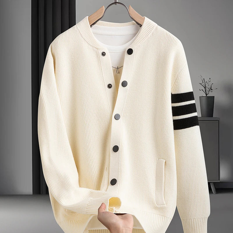 Luxury Men Long-Sleeved Knitted Cardigan Single-Breasted Sweater Coat Real Pocket Korean-Style Fashion Hot-Selling Men'sClothing