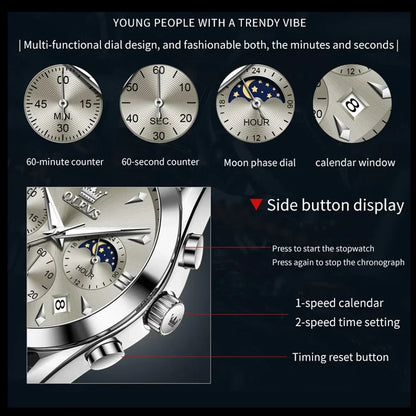 OLEVS 3609 Original Moon Phase Chronograph Watch for Men Leather Waterproof Luminous Luxury Quartz Mens Wristwatches Reloj Mujer