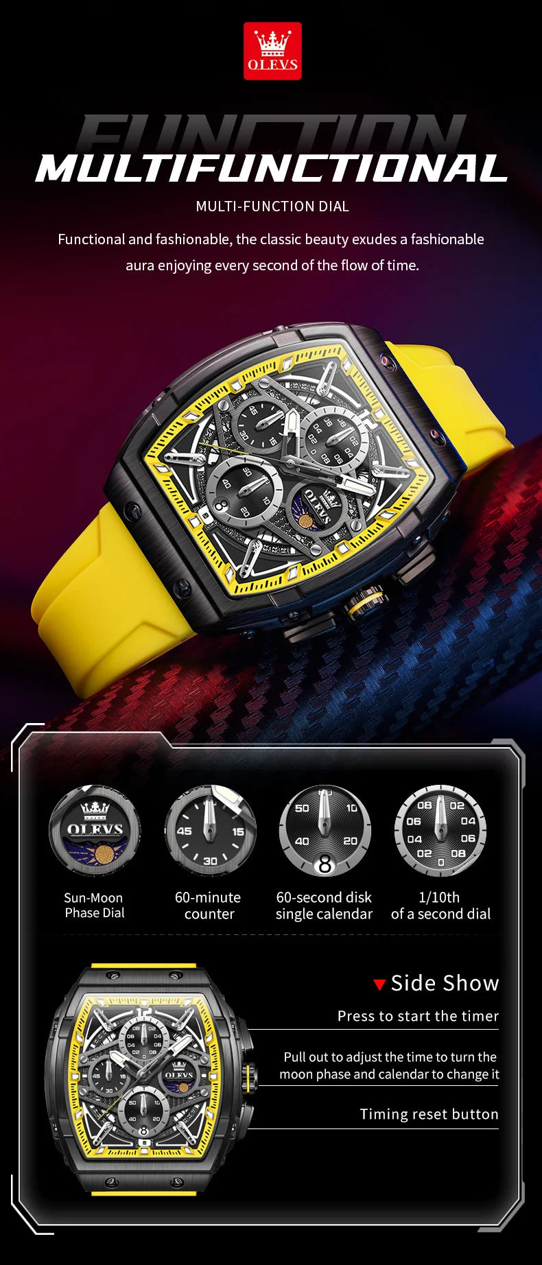 OLEVS 2975 Men's Watches Hollowed Quartz Wristwatch Silicone Strap Tonneau Large Dial Design Waterproof Luminous Watch for Men
