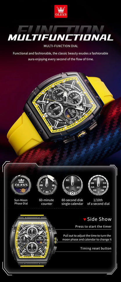 OLEVS 2975 Men's Watches Hollowed Quartz Wristwatch Silicone Strap Tonneau Large Dial Design Waterproof Luminous Watch for Men