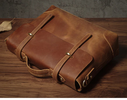 NUKA Men's Leather Handbag Vintage Business Briefcase Crazy Horse Cowhide Messenger Bag Deluxe Shoulder Bag For 15.6 Inch Laptop