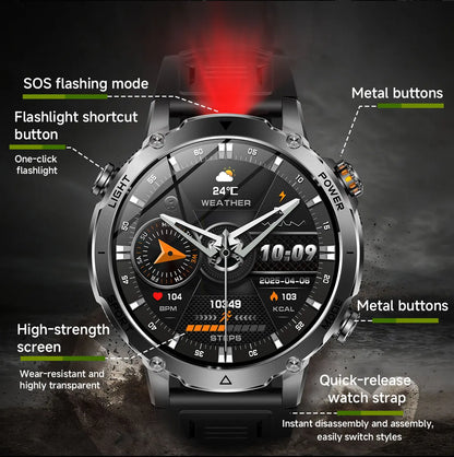 Newly Durable 1400mAh Large Battery Smart Watch Men 1.7" HD Screen IP68K Waterproof LED Flashlight Sports BT Call Smart Bracelet