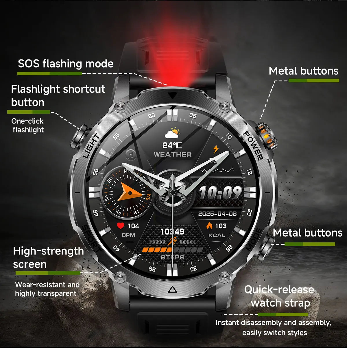 2026 New Military 1400mAh Battery Smart Watch Men Outdoor Flashlight 10ATM Waterproof Heart Rate Bluetooth Call Sports Bracelets