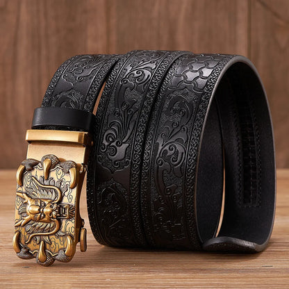 3.5cm Fashion Embossing Retro Male Belts for Men Business Split Leather Belt Dragon Pattern Automatic Buckle Strap