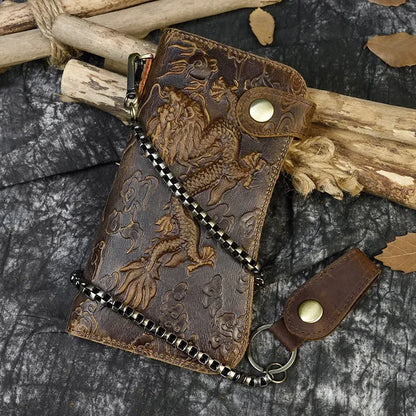 Men's Genuine Leather Wallet Chain Snap Bifold Purse Crazy Horse Leather Card Case Phone Card Holder Clutch Dragon Wallet