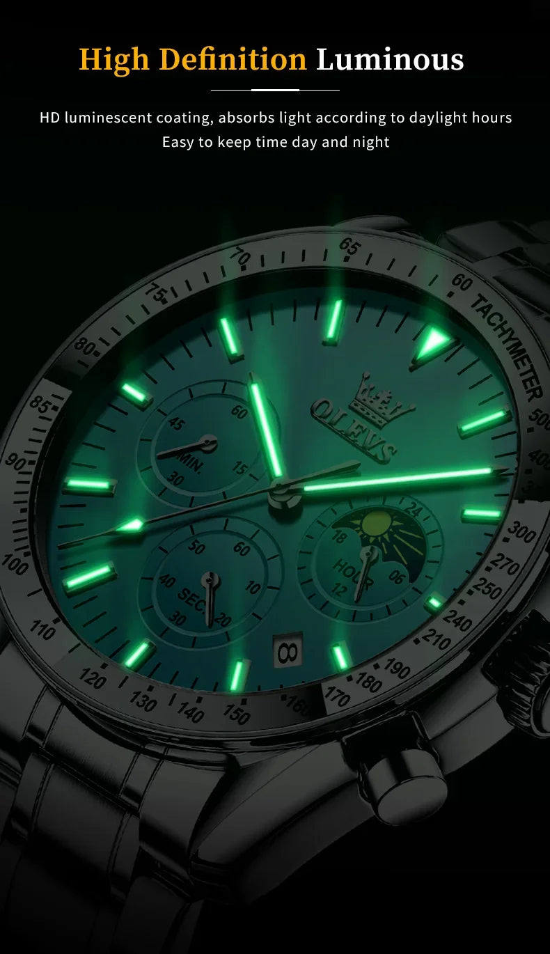 OLEVS 3618 Waterproof Luminous Date Moon Chronograph Wristwatches Mens Luxury Stainless Steel Quartz Watch for Men Reloj Hombre
