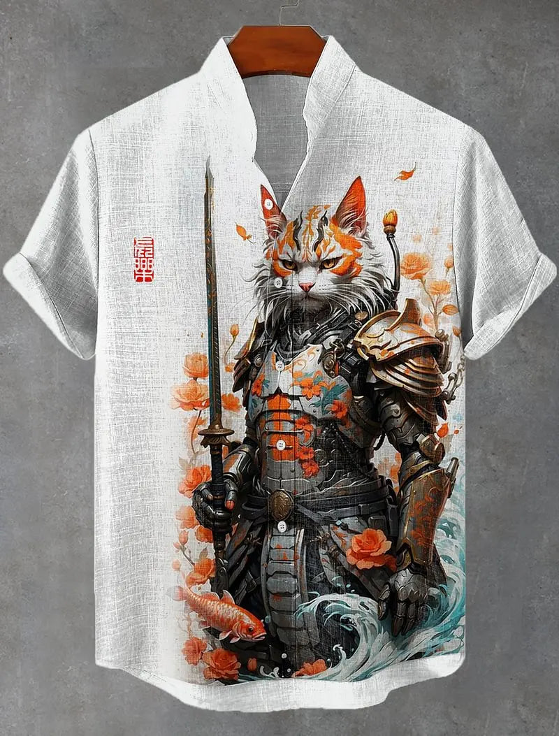 Men's Edo Cat Samurai Warrior Japanese Art Anime Shirts 3D Print Casual Hawaiian Shirts Summer Men Women Short Sleeve Blouse Top