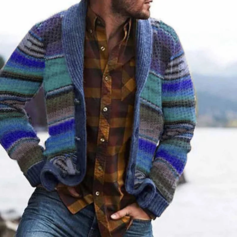 Mens 2026 Fall Winter Color Block Cardigan Collared Knit Sweater Jacket Casual Outerwear