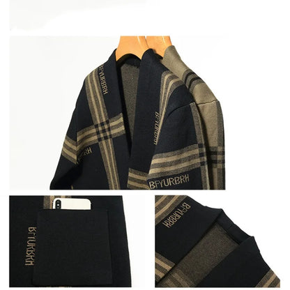 Autumn and Winter Men's Fashion Casual Wide Stripe Knitted Cardigan Simple Coat Plaid Dress British Long Sleeve Tops