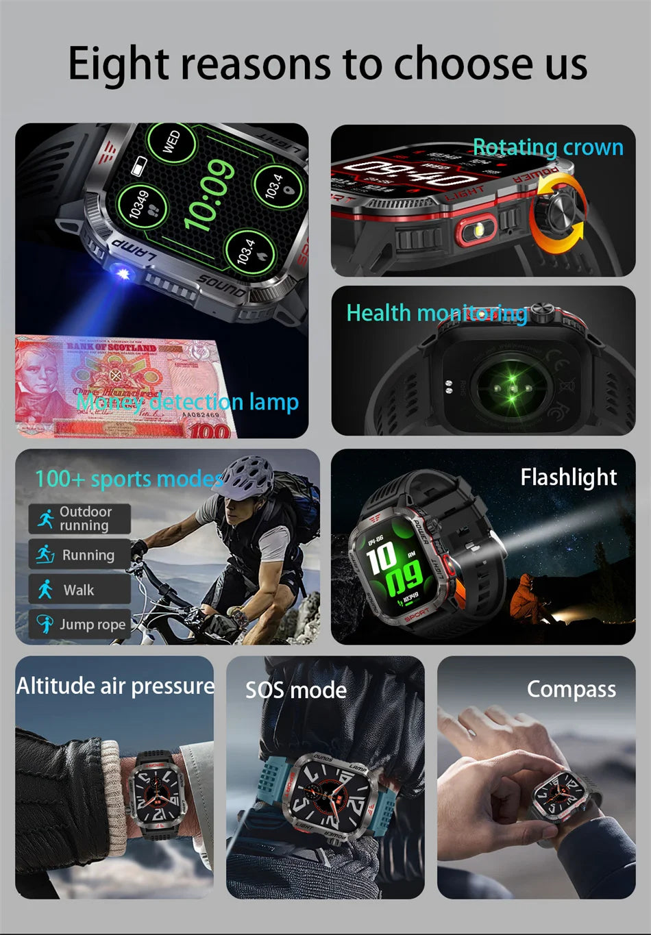 2026 Military GPS Smart Watch Money Detector Light Compass Waterproof Outdoor Sport Tracker Bluetooth Call Watch with Flashlight