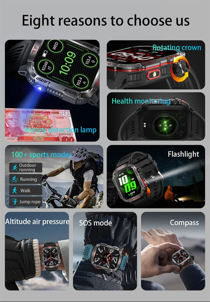 2026 Military GPS Smart Watch Money Detector Light Compass Waterproof Outdoor Sport Tracker Bluetooth Call Watch with Flashlight