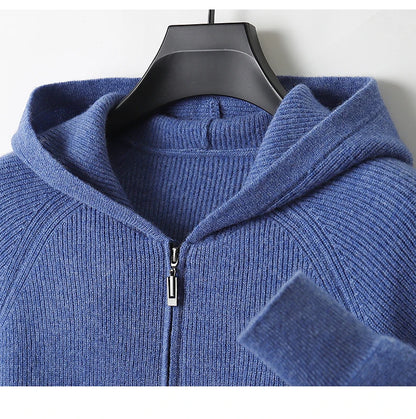 Men 100% Merino Wool Sweater Hooded Zipper Cardigan Autumn Winter Thickened Knit Large-size Jacket Long Sleeved Sportswear Coat