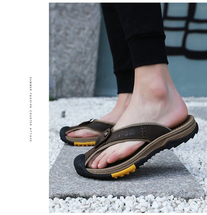 Genuine Cow Leather Shoes Men Sandals Flip Flops Men's Casual Shoes Classic Massage Men Beach Slippers Anti-slip Summer 2025 New