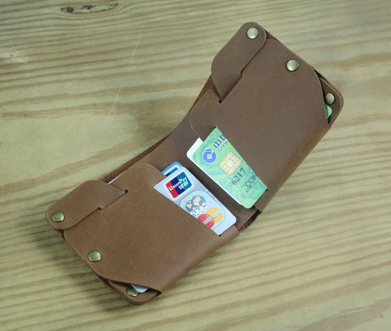 Fashion PUNK Handmade Crazy Horse Genuine Leather Wallet Men Money clip Short Wallet Bag Stud male Purse Card Holder Wallet