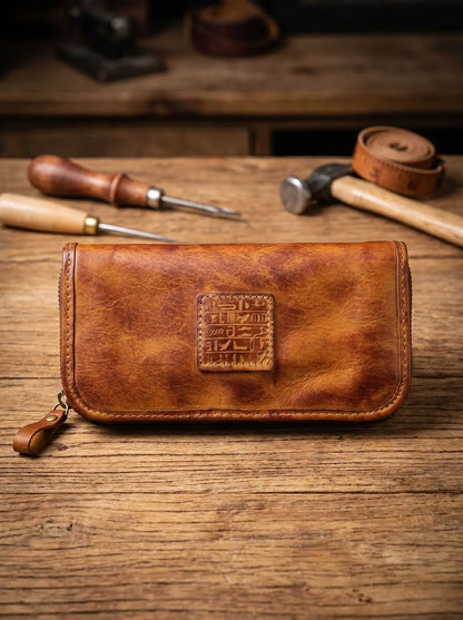 YETTIES Men's Vegetable Tanned Leather Long Clutch Wallet Large Capacity Multi-Function Document Vintage Business Handheld Purse