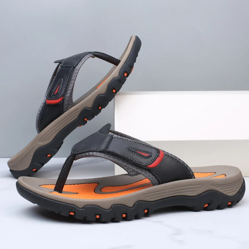 Men Sport Thong Slippers Genuine Leather Upper Adjustable Hook Loop Shock Absorb Anti Slip MD Sole Daily Beach Casual Flip Flops