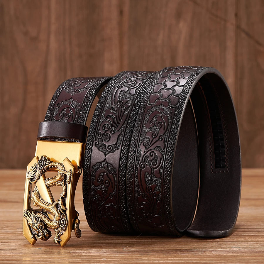 3.5cm Fashion Embossing Retro Male Belts for Men Business Split Leather Belt Dragon Pattern Automatic Buckle Strap